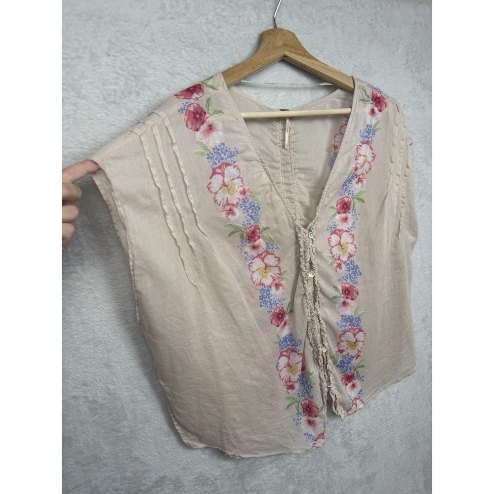 Free People Floral Embroidered Blouse Coastal Boho Cottagecore Peasant Top Lg - Picture 3 of 9